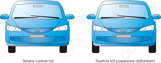 Samochód z seryjnym rozstawem kół i z rozstawem poszerzonym za pomocą dystansów.
